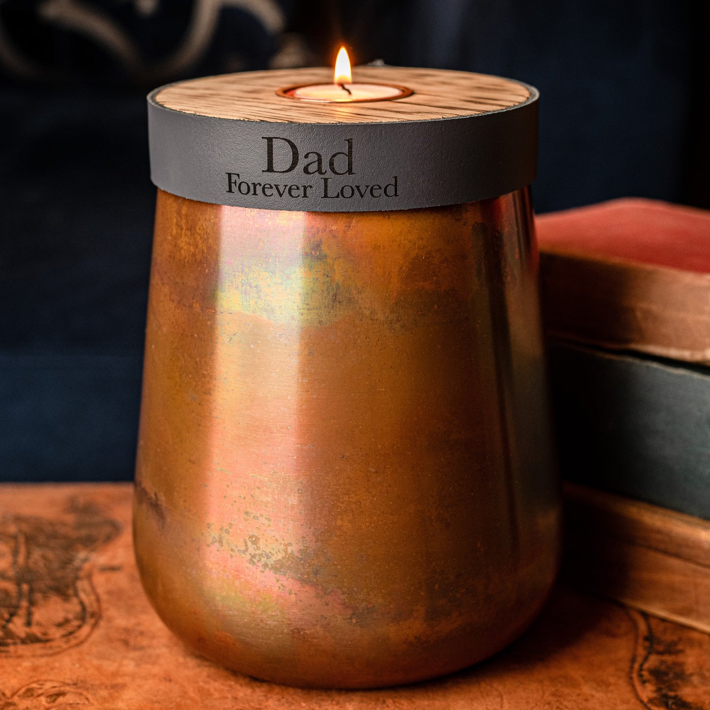 Human or Pet Urn For Ashes, Distressed Copper, Large Size, Modern Candle Urn, Personalise, Handmade, Deep Smoke Grey Leather