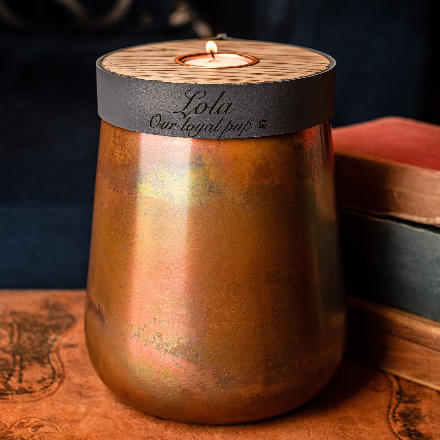 Human or Pet Urn For Ashes, Distressed Copper, Large Size, Modern Candle Urn, Personalise, Handmade, Deep Smoke Grey Leather