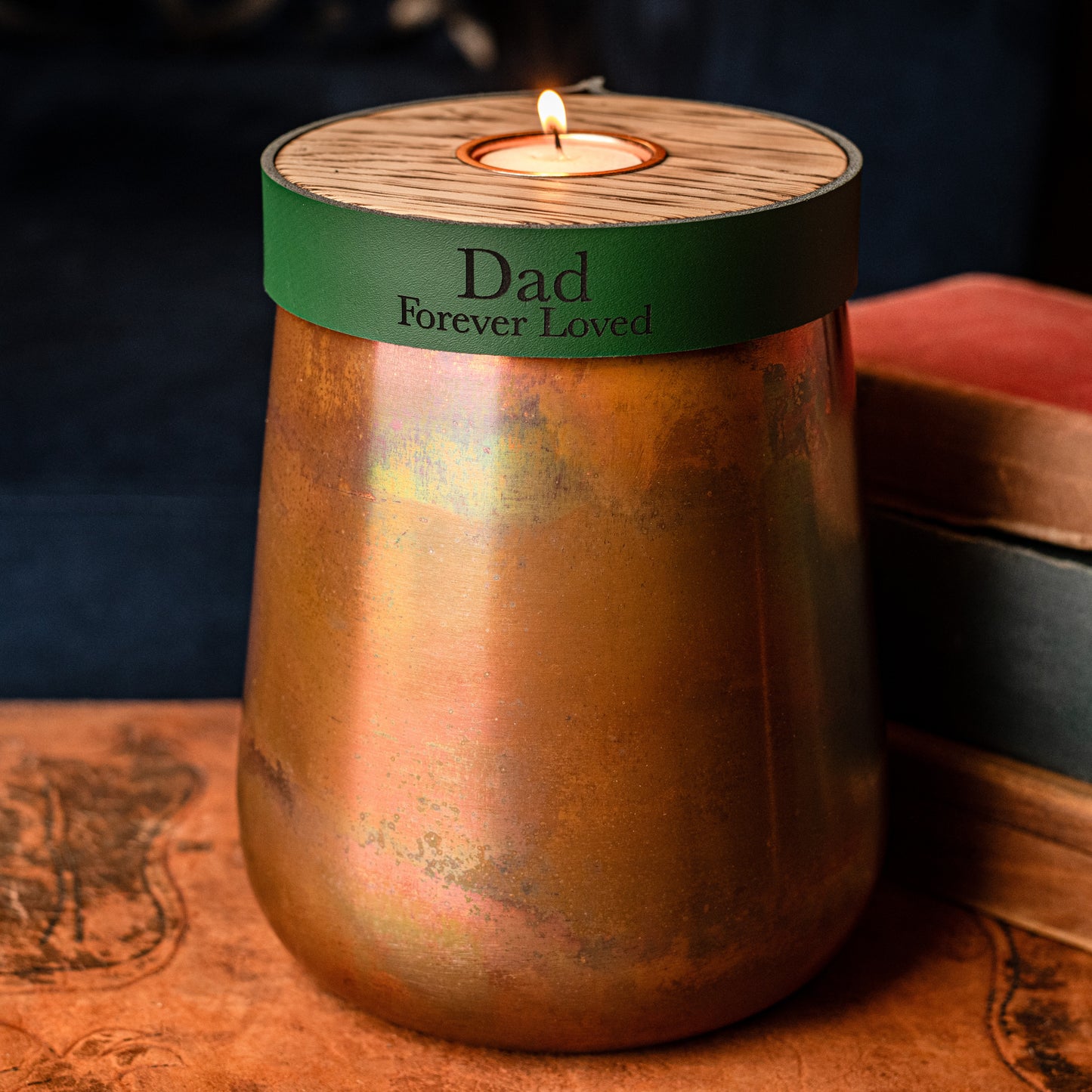 Human or Pet Urn For Ashes, Distressed Copper, Large Size, Modern Candle Urn, Personalise, Handmade, British Racing Green Leather
