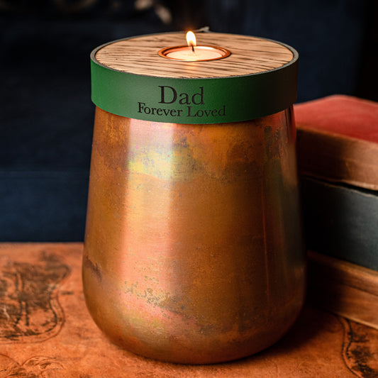 Human or Pet Urn For Ashes, Distressed Copper, Large Size, Modern Candle Urn, Personalise, Handmade, British Racing Green Leather