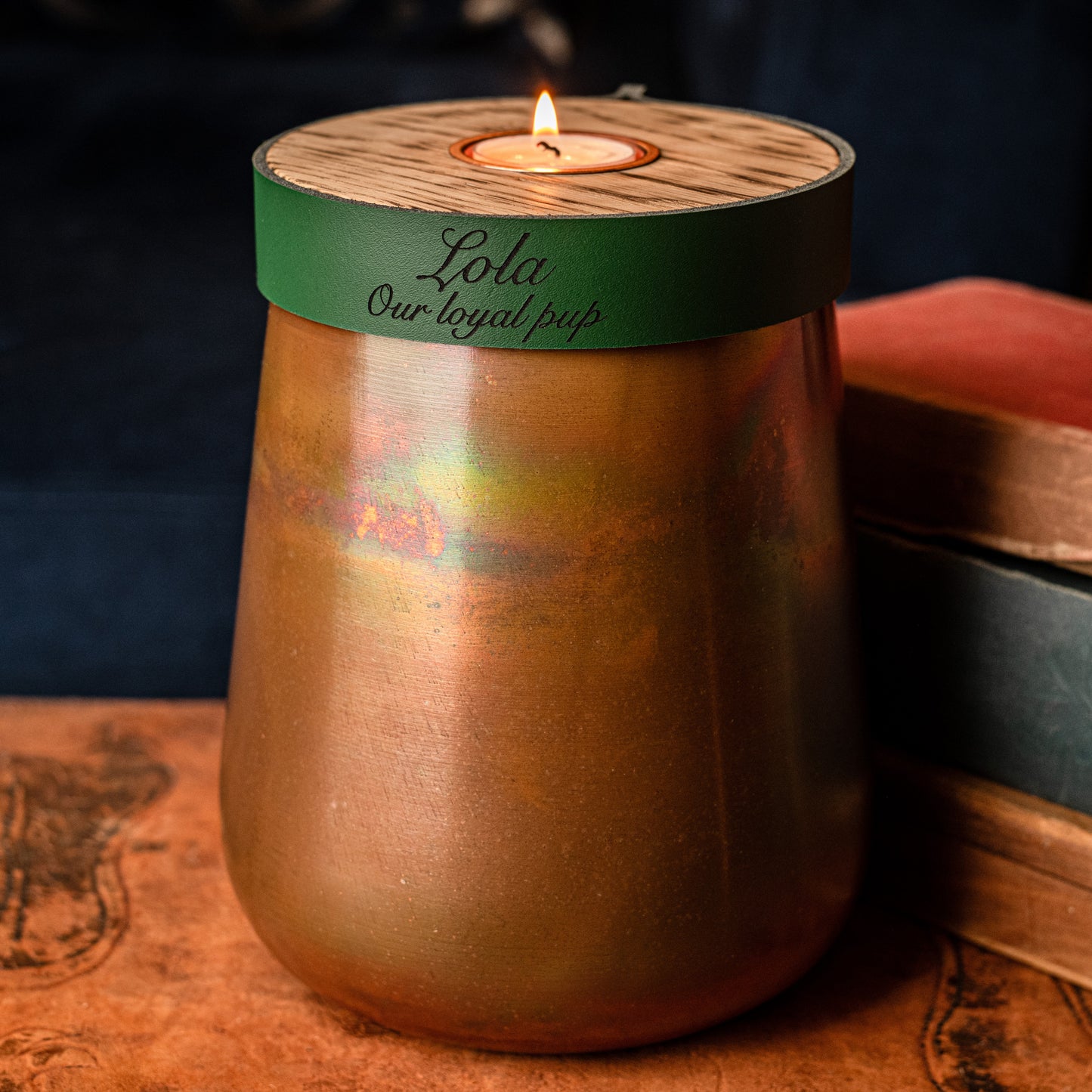 Human or Pet Urn For Ashes, Distressed Copper, Large Size, Modern Candle Urn, Personalise, Handmade, British Racing Green Leather
