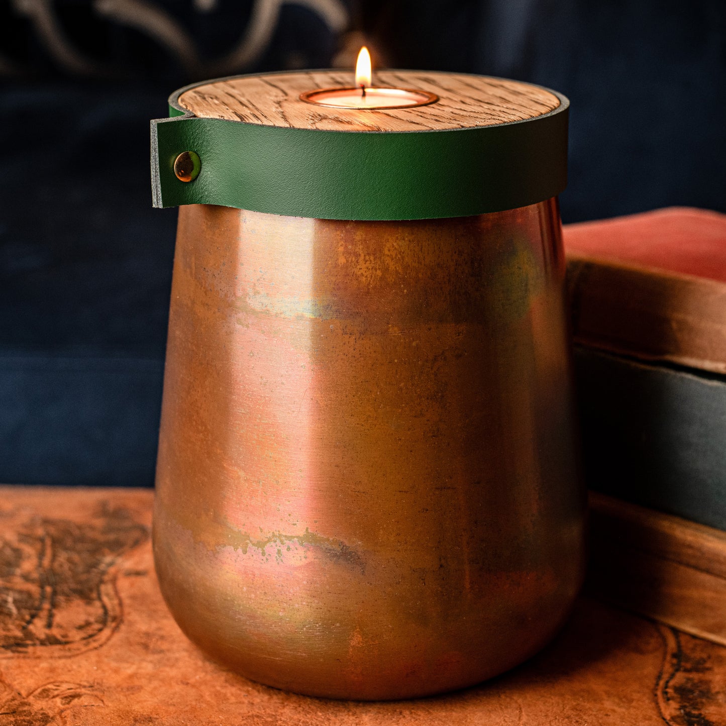 Human or Pet Urn For Ashes, Distressed Copper, Large Size, Modern Candle Urn, Personalise, Handmade, British Racing Green Leather