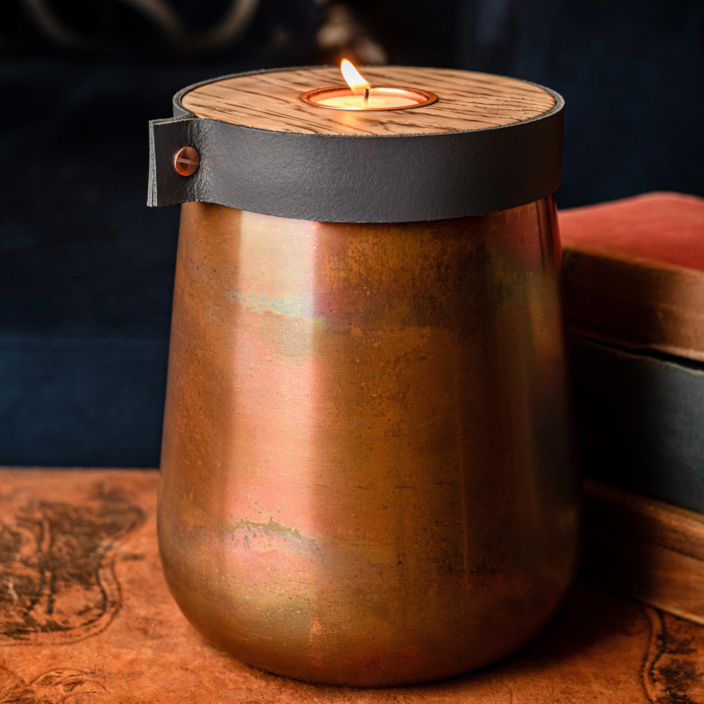 Human or Pet Urn For Ashes, Distressed Copper, Large Size, Modern Candle Urn, Personalise, Handmade, Deep Smoke Grey Leather