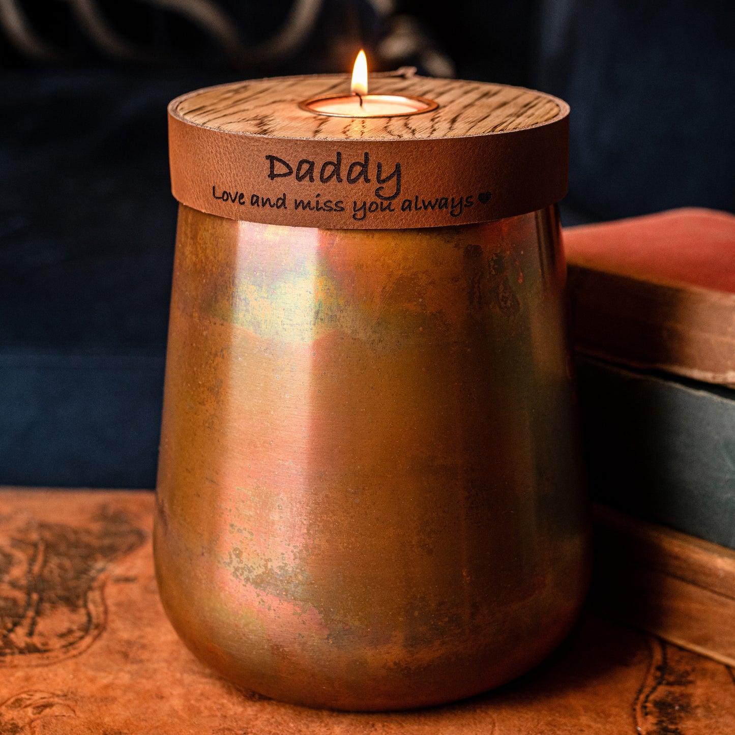 Human or Pet Urn For Ashes, Distressed Copper, Large Size, Modern Candle Urn, Personalise, Handmade, Cognac Brown Leather