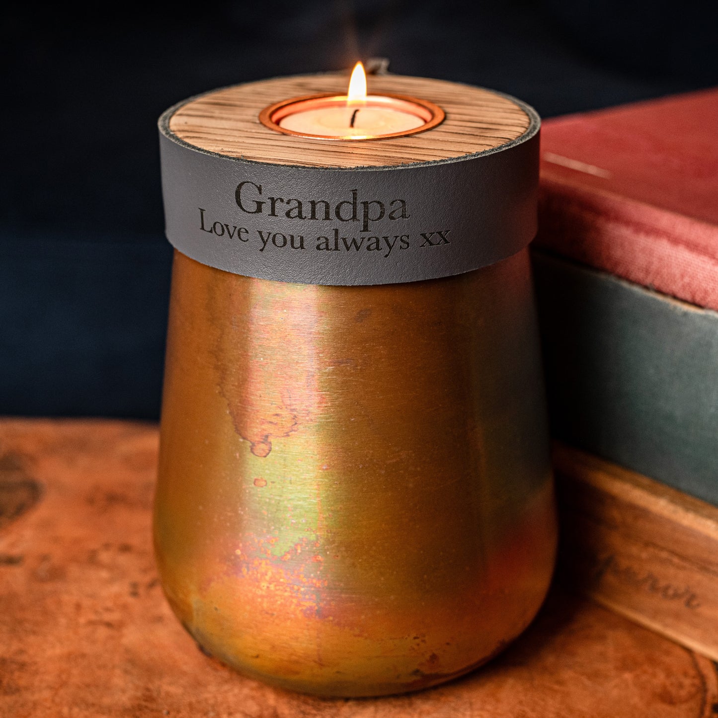 Human or Pet Urn For Ashes, Distressed Copper, Small Size, Modern Candle Urn, Personalise, Handmade, Smoke Grey Leather