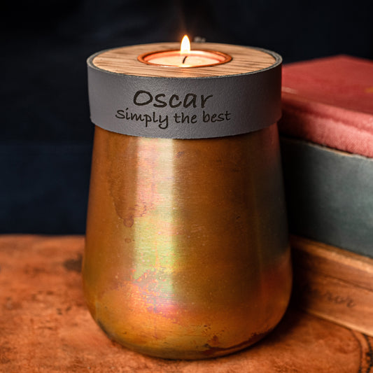 Human or Pet Urn For Ashes, Distressed Copper, Small Size, Modern Candle Urn, Personalise, Handmade, Smoke Grey Leather