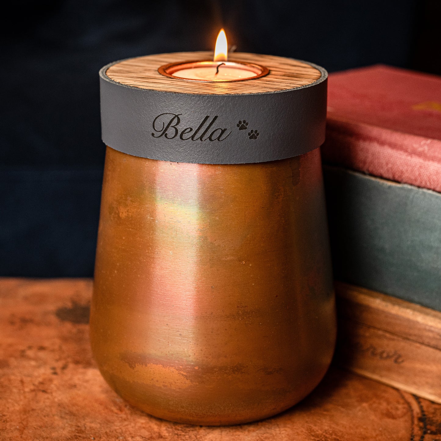 Human or Pet Urn For Ashes, Distressed Copper, Small Size, Modern Candle Urn, Personalise, Handmade, Smoke Grey Leather