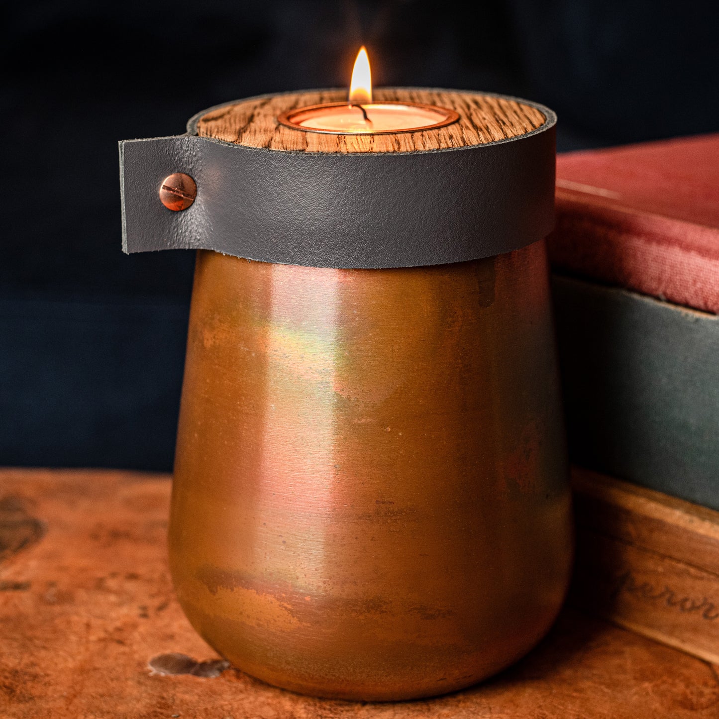 Human or Pet Urn For Ashes, Distressed Copper, Small Size, Modern Candle Urn, Personalise, Handmade, Smoke Grey Leather
