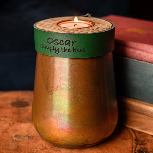 Human or Pet Urn For Ashes, Distressed Copper, Small Size, Modern Candle Urn, Personalise, Handmade, British Racing Green Leather