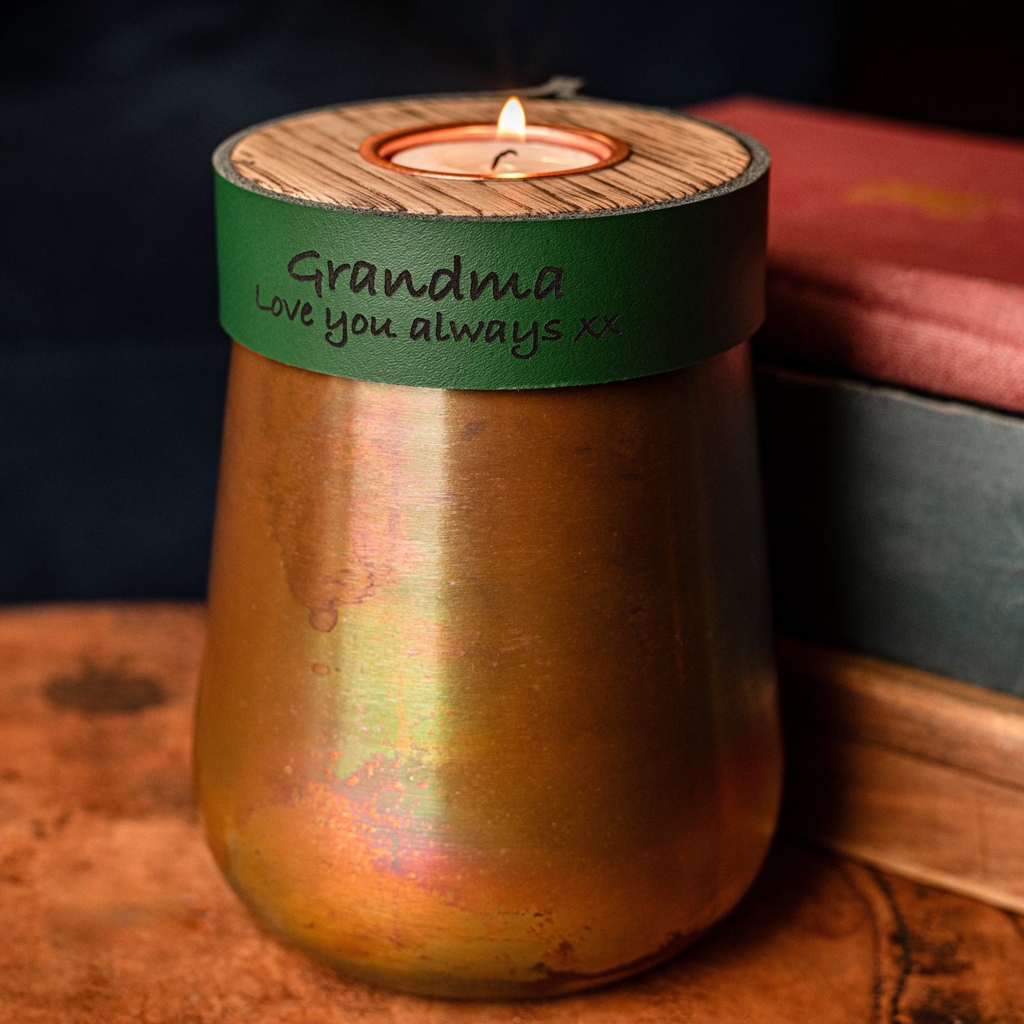 Human or Pet Urn For Ashes, Distressed Copper, Small Size, Modern Candle Urn, Personalise, Handmade, British Racing Green Leather