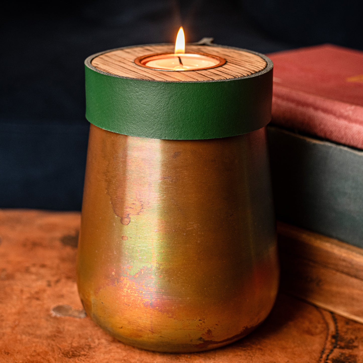 Human or Pet Urn For Ashes, Distressed Copper, Small Size, Modern Candle Urn, Personalise, Handmade, British Racing Green Leather