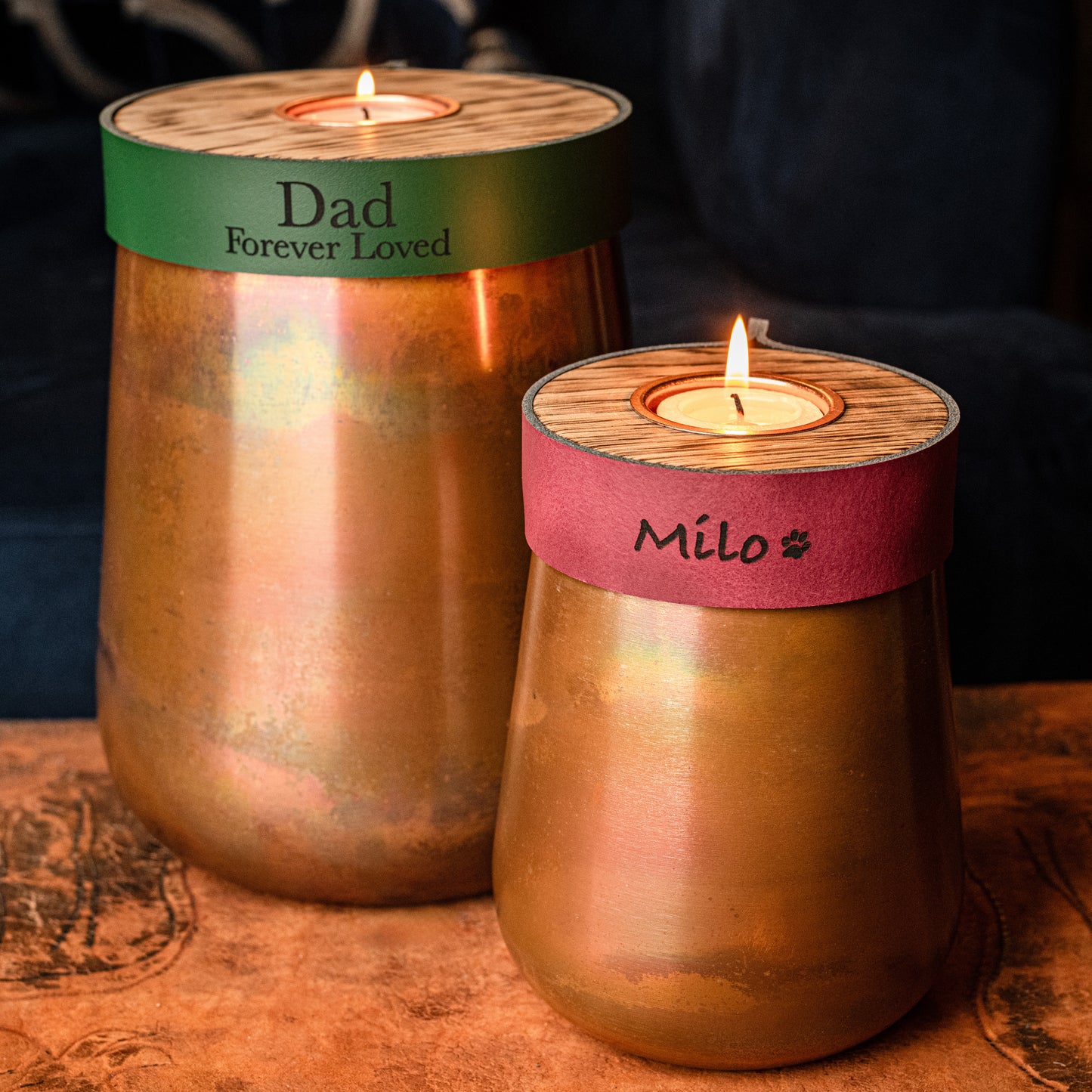 Human or Pet Urn For Ashes, Distressed Copper, Small Size, Modern Candle Urn, Personalise, Handmade, Burgundy Leather