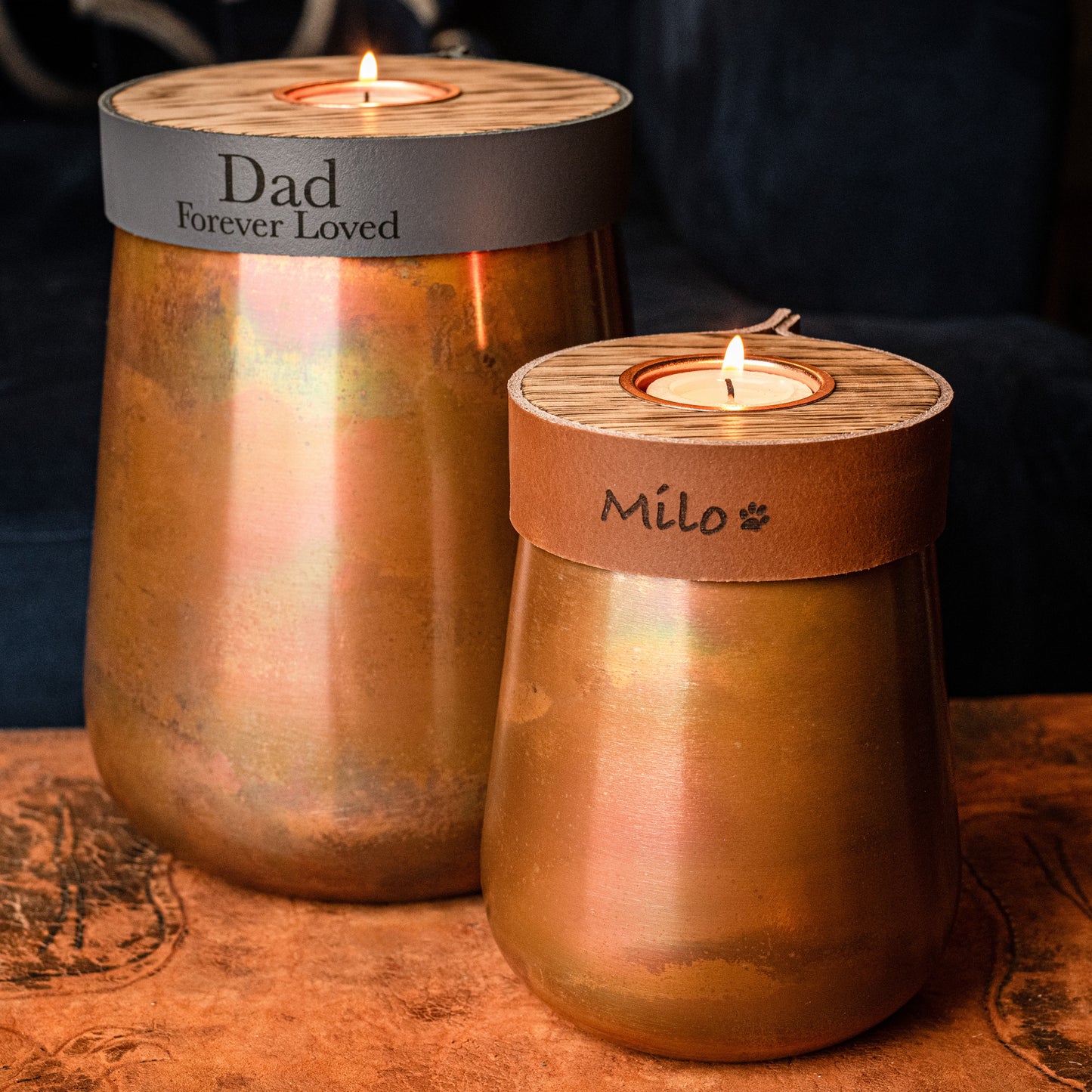 Human or Pet Urn For Ashes, Distressed Copper, Large Size, Modern Candle Urn, Personalise, Handmade, Deep Smoke Grey Leather