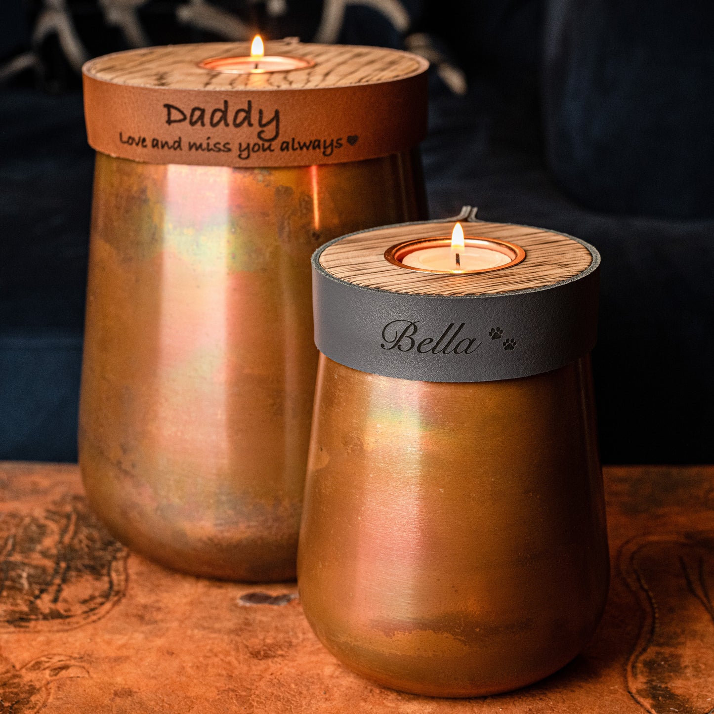 Human or Pet Urn For Ashes, Distressed Copper, Small Size, Modern Candle Urn, Personalise, Handmade, Smoke Grey Leather