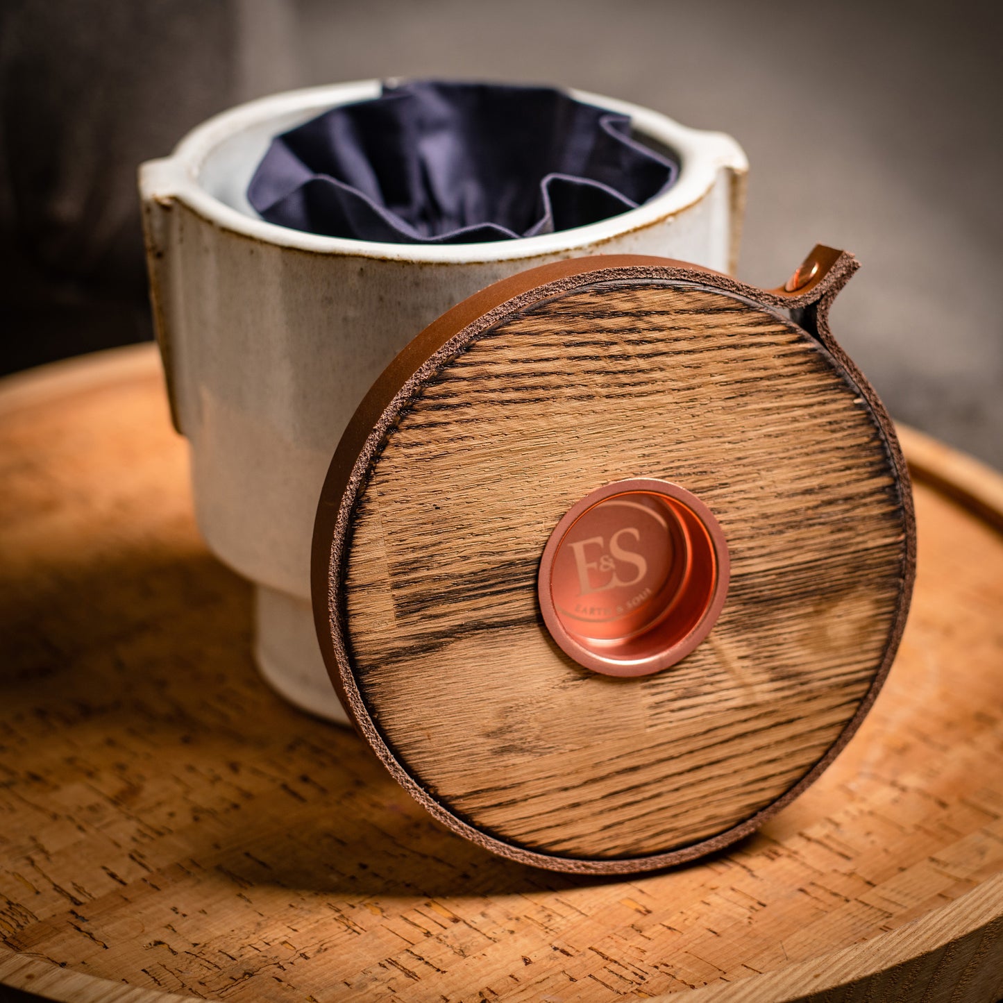 Human or Pet Urn For Ashes, Modern Candle Urn, Small Size, Personalise, Ceramic, Handmade in the UK, Cognac Brown Leather