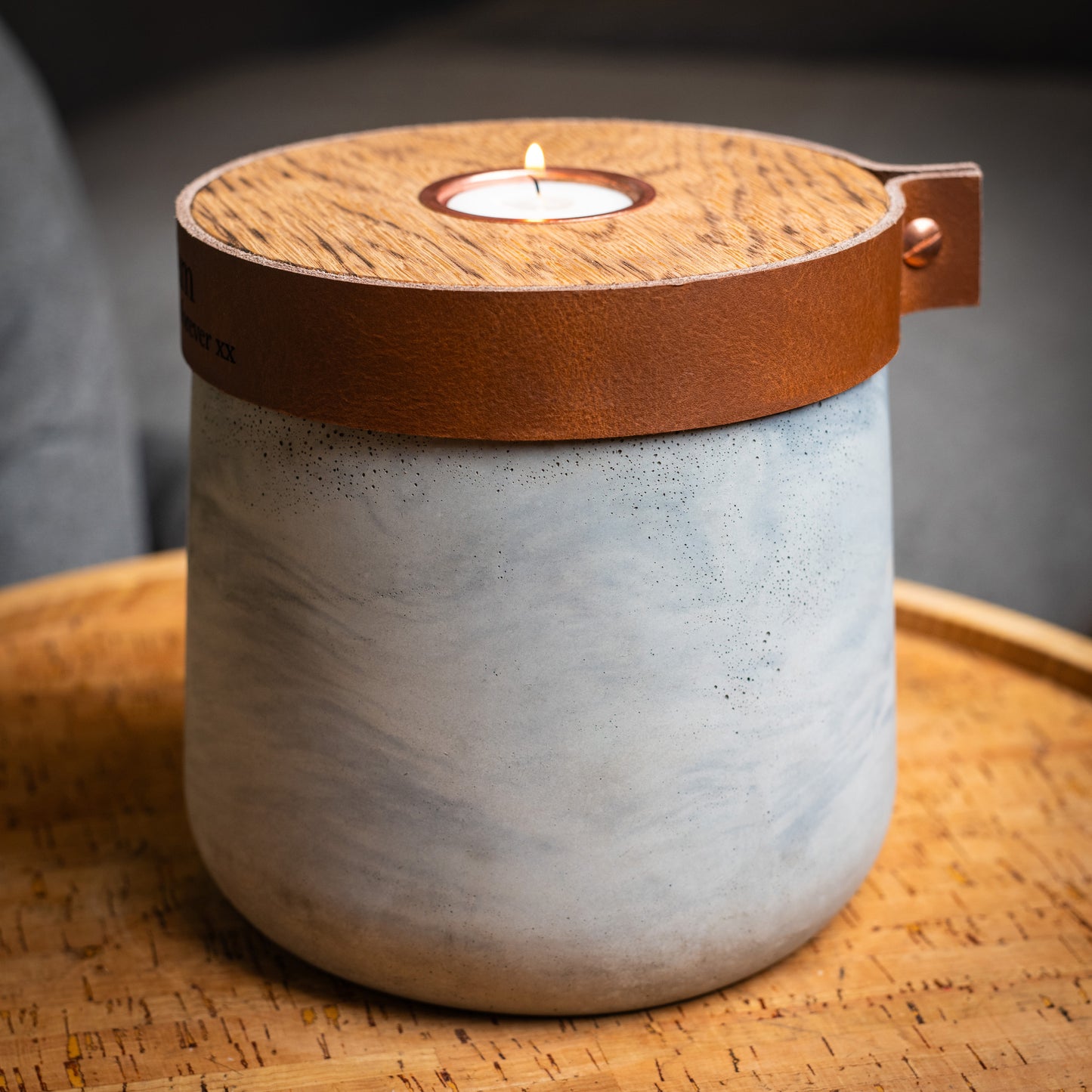 Human or Pet Urn For Ashes, Modern Candle Urn, Small Size, Personalise, Handmade in the UK, Grey Marble with Cognac Brown Leather