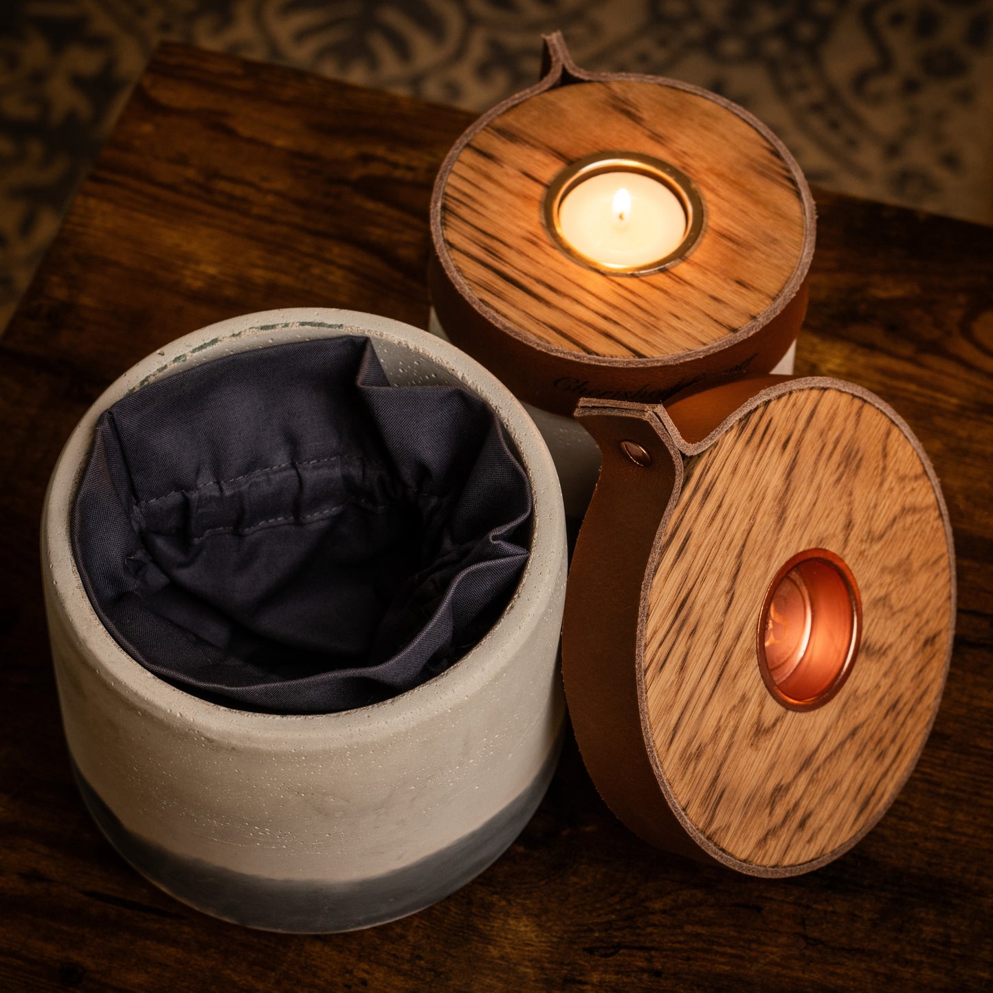 Human or Pet Urn For Ashes, Modern Candle Urn, Personalise, Handmade in the UK, White And Grey Two Tone With Cognac Brown Leather