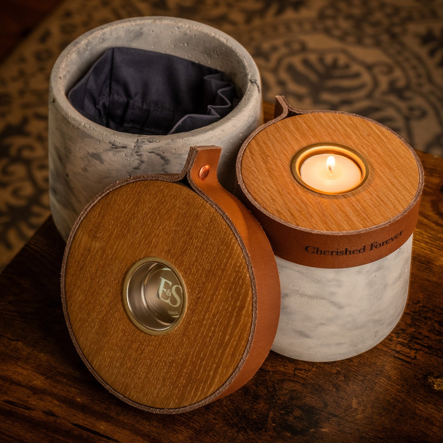 Human or Pet Urn For Ashes, Modern Candle Urn, Medium Size, Personalise, Handmade in the UK, White And Grey Two Tone With Cognac Brown Leather