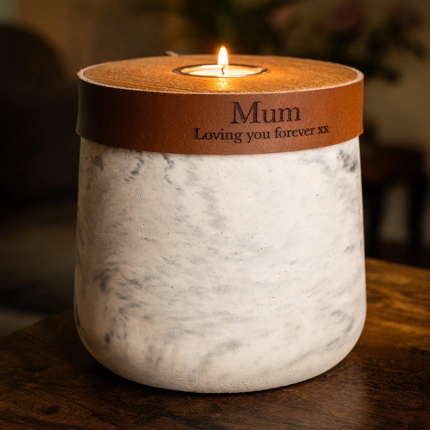 Human or Pet Urn For Ashes, Modern Candle Urn, Medium Size, Personalise, Handmade in the UK, White And Grey Two Tone With Cognac Brown Leather