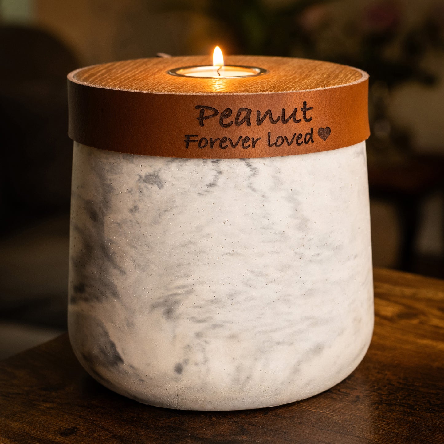 Human or Pet Urn For Ashes, Modern Candle Urn, Medium Size, Personalise, Handmade in the UK, White And Grey Two Tone With Cognac Brown Leather