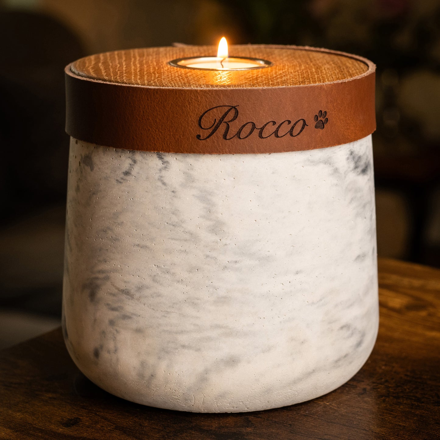 Human or Pet Urn For Ashes, Modern Candle Urn, Medium Size, Personalise, Handmade in the UK, White And Grey Two Tone With Cognac Brown Leather
