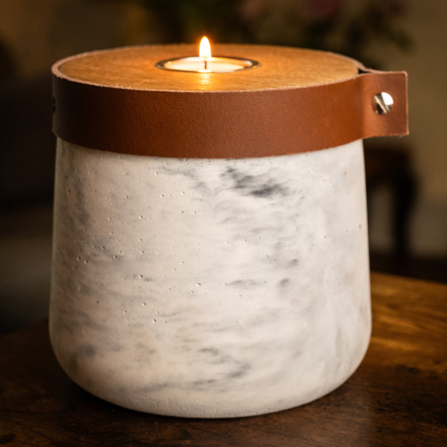 Human or Pet Urn For Ashes, Modern Candle Urn, Medium Size, Personalise, Handmade in the UK, White And Grey Two Tone With Cognac Brown Leather