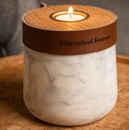 Human or Pet Urn For Ashes, Modern Candle Urn, Small Size, Personalise, Handmade in the UK, White And Grey Marble with Cognac Brown Leather