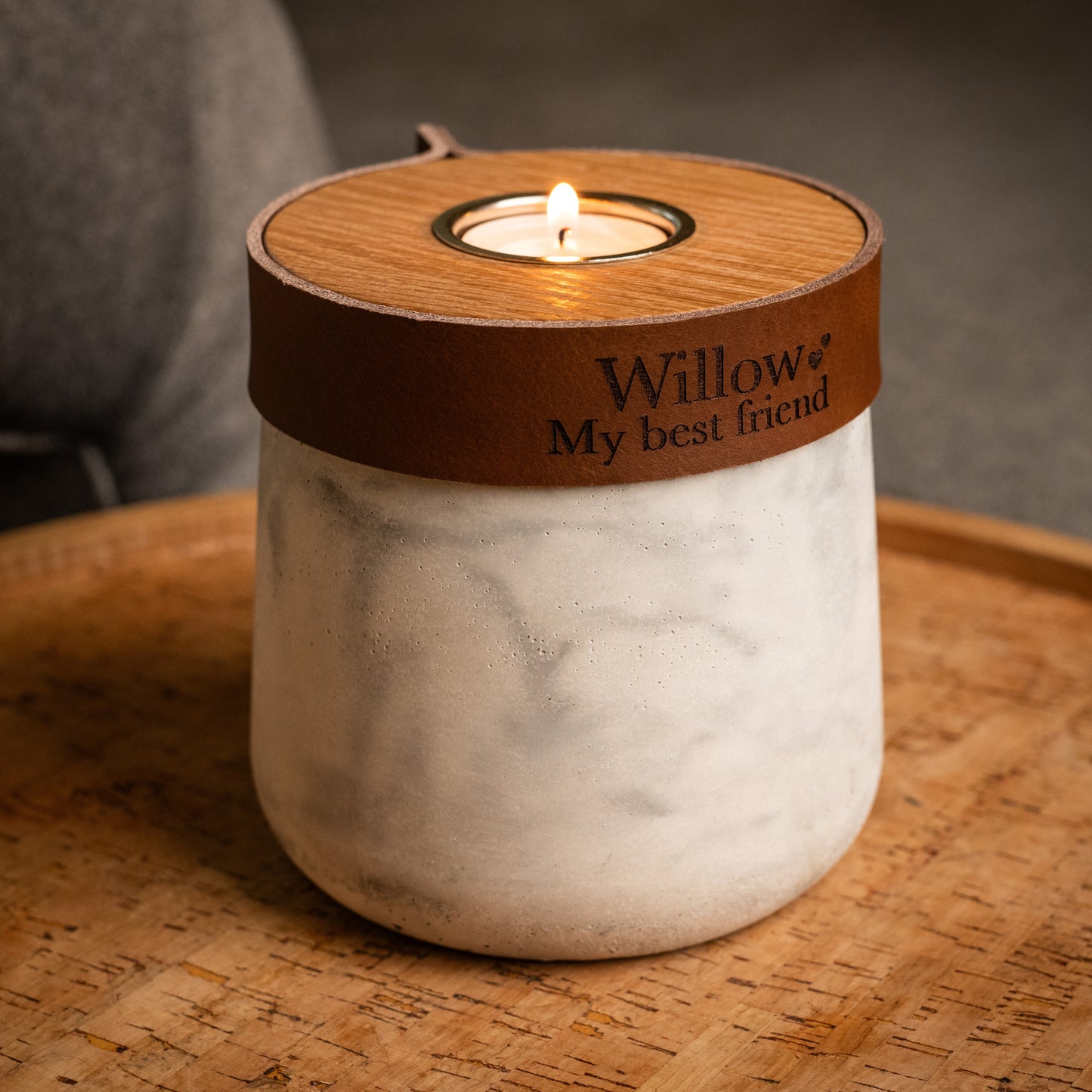 Human or Pet Urn For Ashes, Modern Candle Urn, Small Size, Personalise, Handmade in the UK, White And Grey Marble with Cognac Brown Leather