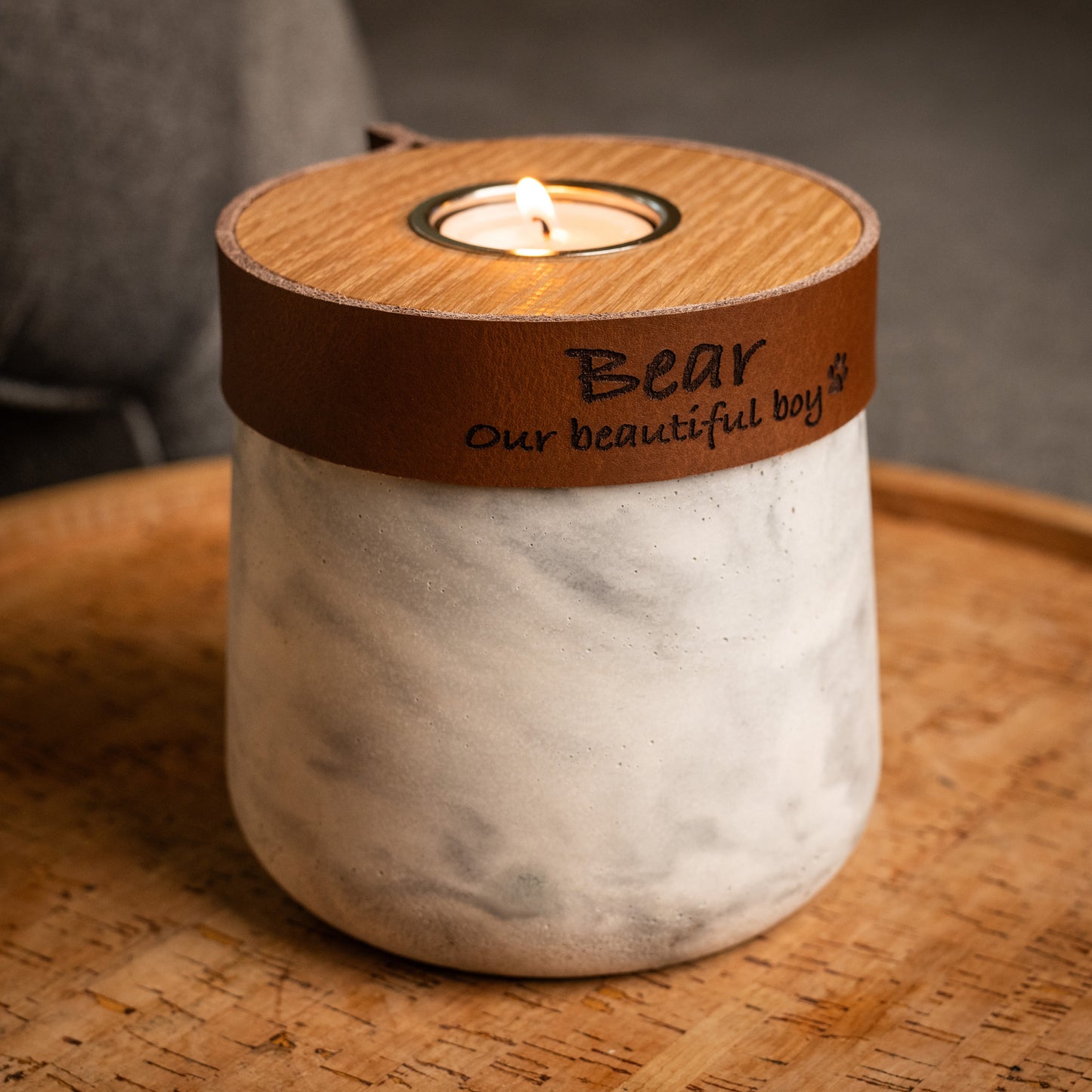 Human or Pet Urn For Ashes, Modern Candle Urn, Small Size, Personalise, Handmade in the UK, White And Grey Marble with Cognac Brown Leather