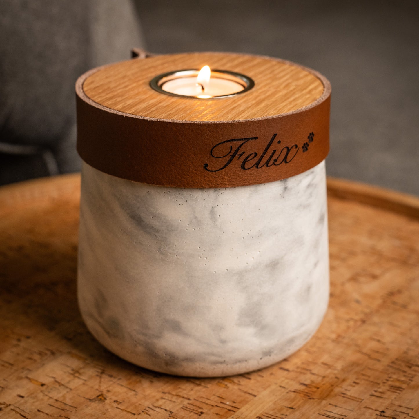 Human or Pet Urn For Ashes, Modern Candle Urn, Small Size, Personalise, Handmade in the UK, White And Grey Marble with Cognac Brown Leather