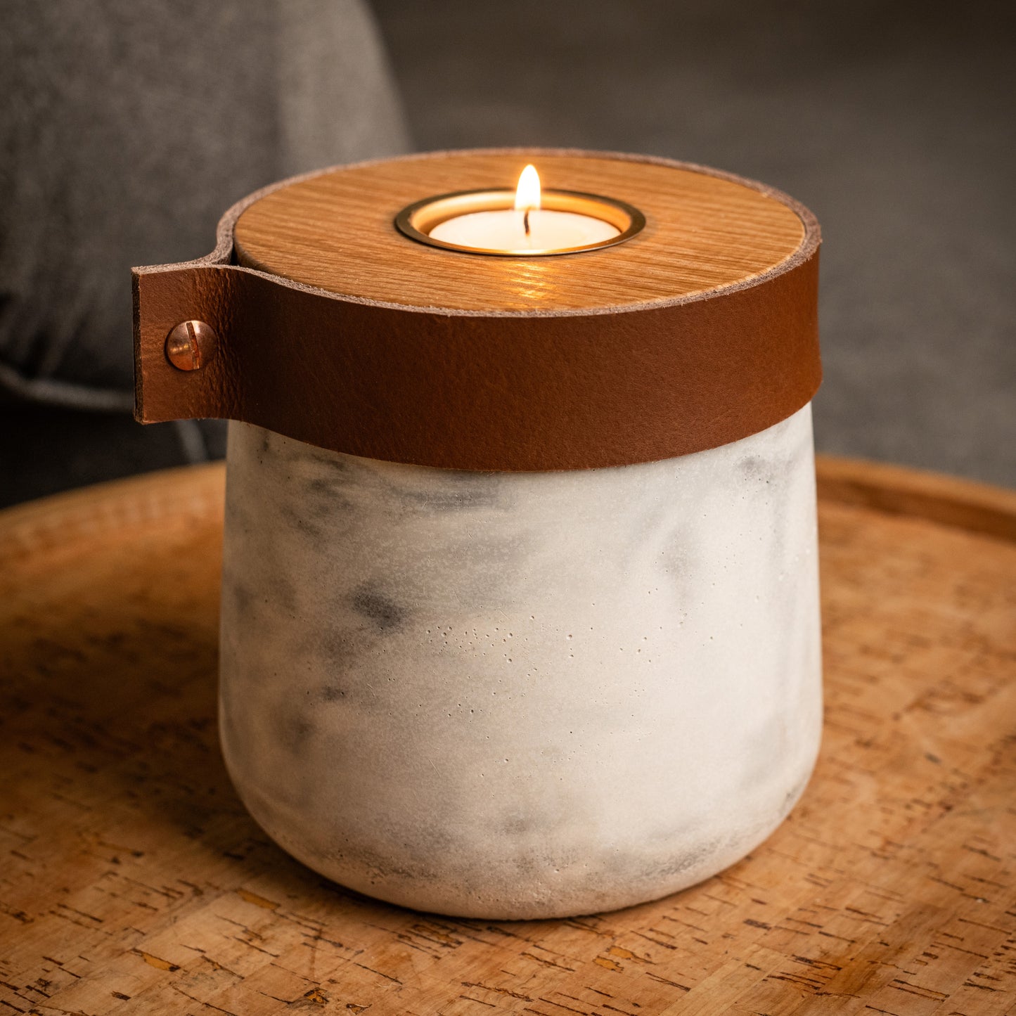 Human or Pet Urn For Ashes, Modern Candle Urn, Small Size, Personalise, Handmade in the UK, White And Grey Marble with Cognac Brown Leather