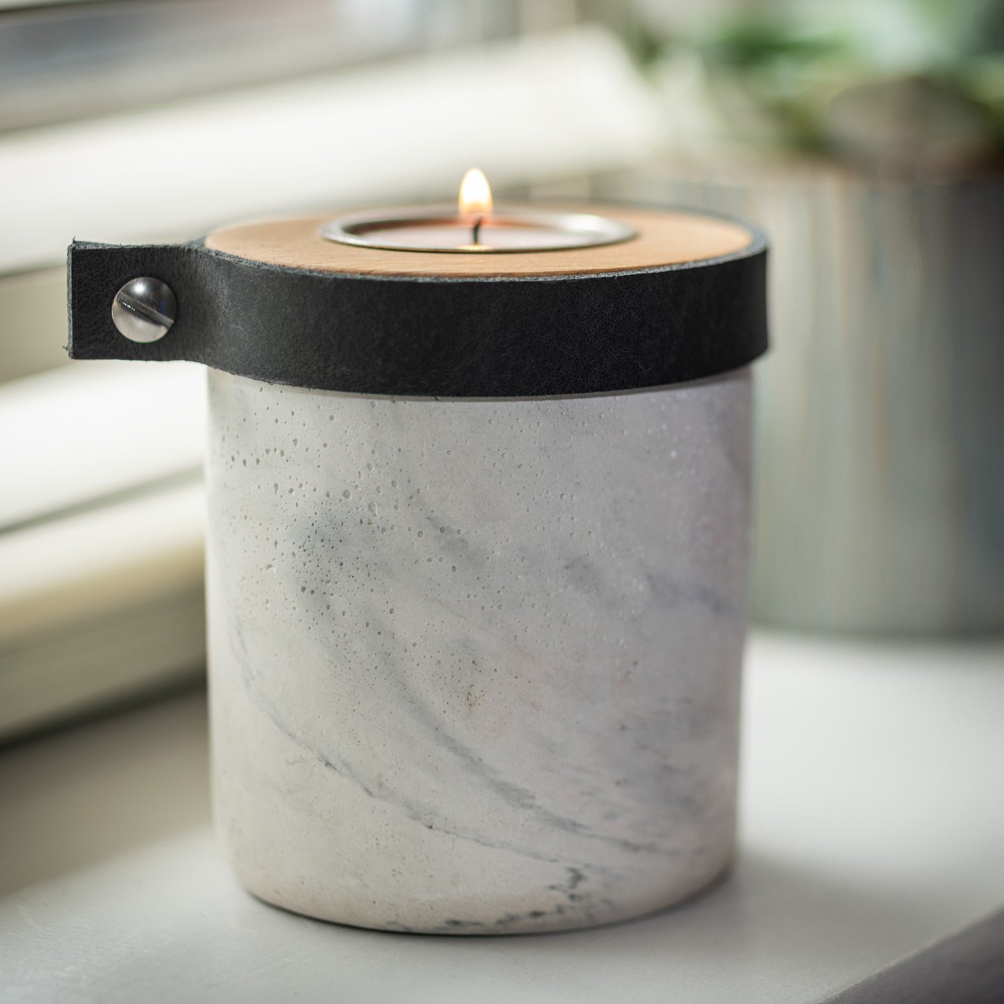 Small Keepsake Urn For Ashes. Handmade in the UK, Modern Candle Urn, White Marble Finish With Deep Smoke Grey Leather