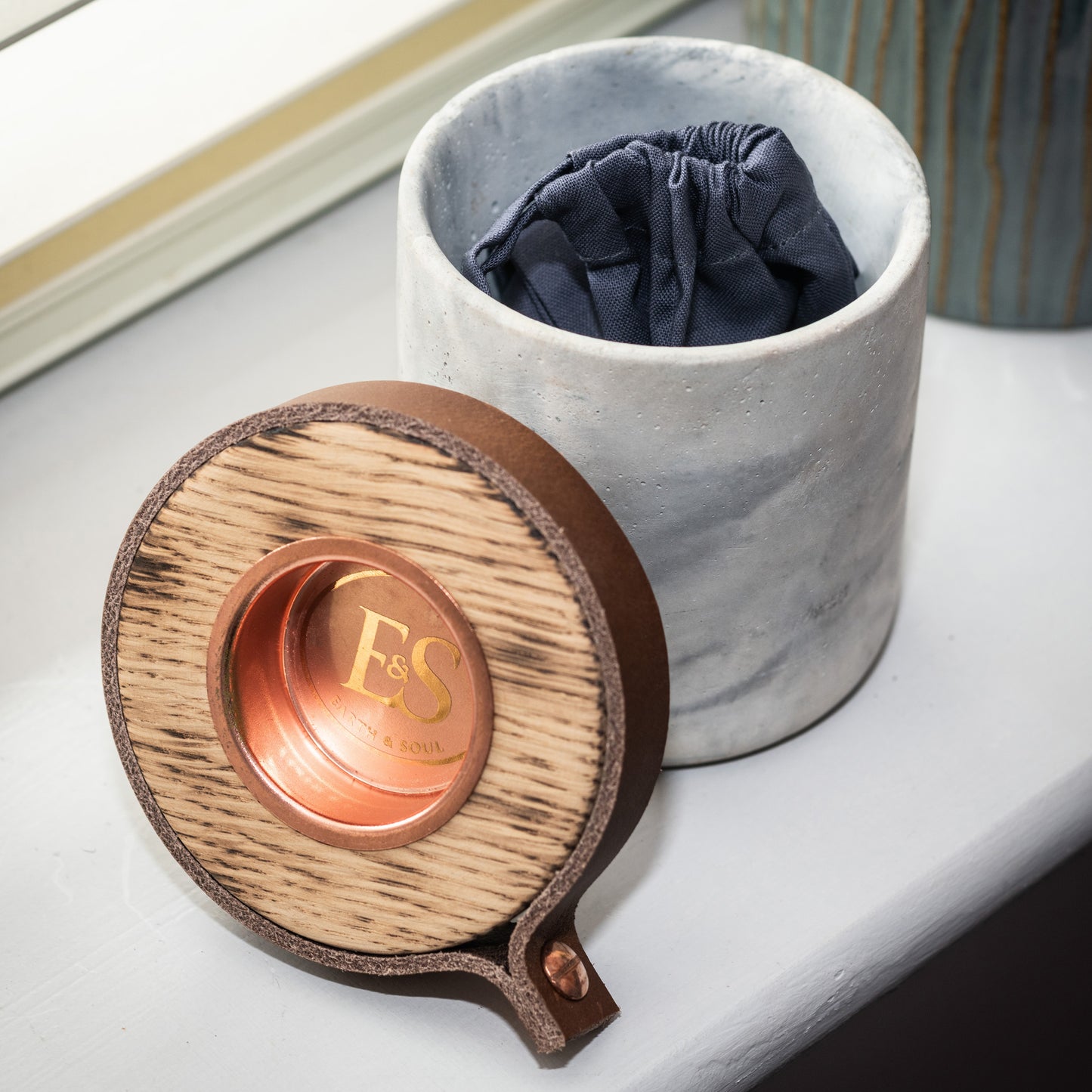 Small Keepsake Urn For Ashes. Handmade in the UK, Modern Candle Urn, White Marble Finish With Cognac Leather