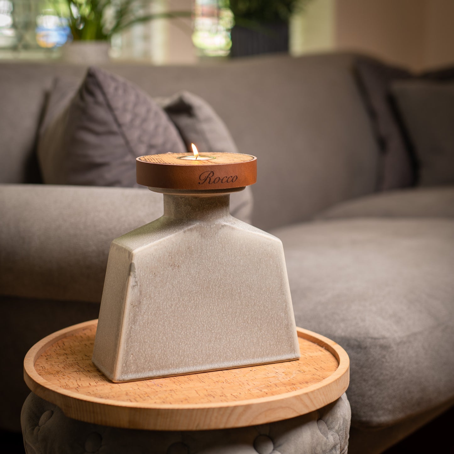 Human or Pet Urn For Ashes, Modern Candle Urn, Large Size, Personalise, Handmade in the UK, Pebble Grey with Cognac Brown Leather