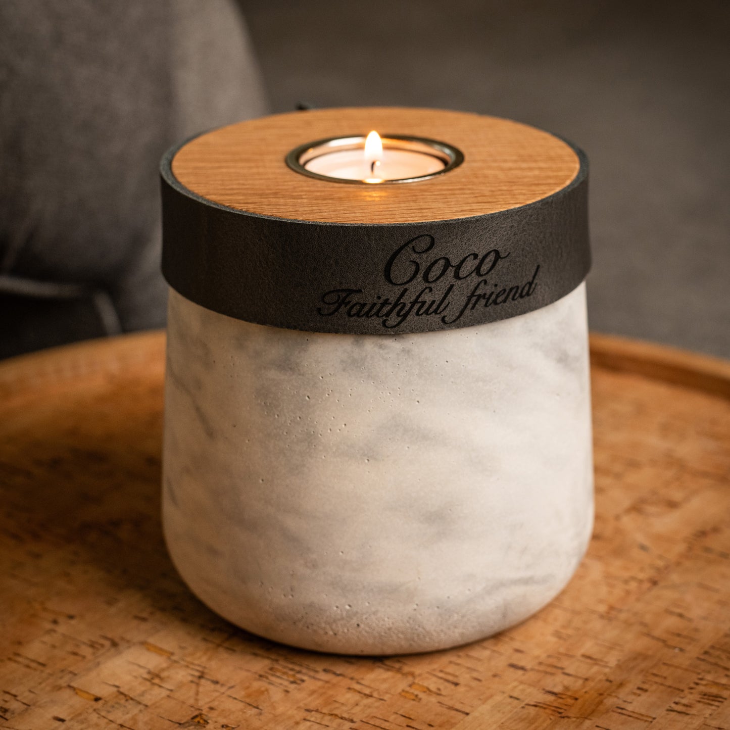 Human or Pet Urn For Ashes, Modern Candle Urn, Small Size, Personalise, Handmade in the UK, White And Grey Marble with Smoke Grey Leather
