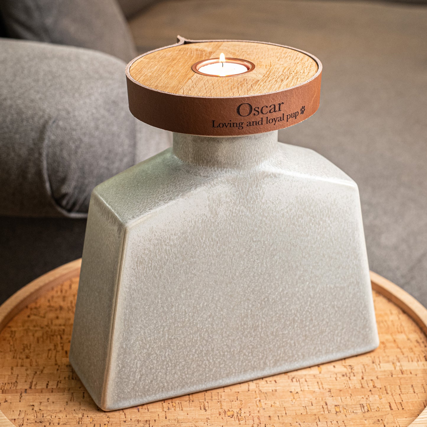 Human or Pet Urn For Ashes, Modern Candle Urn, Large Size, Personalise, Handmade in the UK, Pebble Grey with Cognac Brown Leather