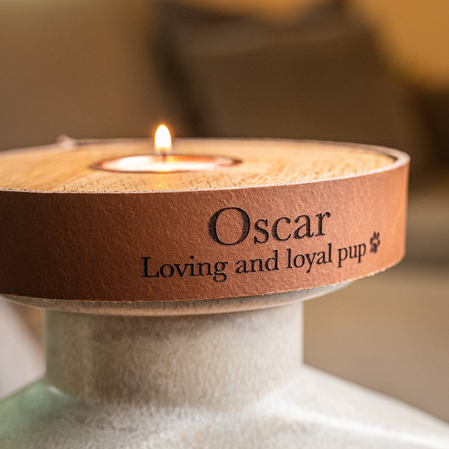Human or Pet Urn For Ashes, Modern Candle Urn, Large Size, Personalise, Handmade in the UK, Pebble Grey with Cognac Brown Leather