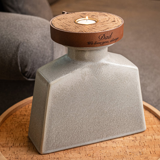 Human or Pet Urn For Ashes, Modern Candle Urn, Large Size, Personalise, Handmade in the UK, Pebble Grey with Cognac Brown Leather