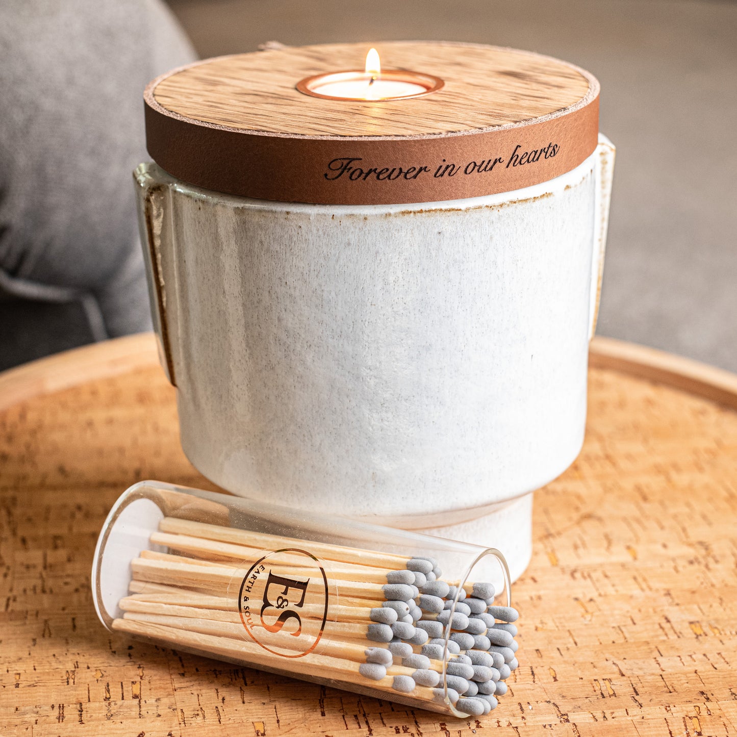 Human or Pet Urn For Ashes, Modern Candle Urn, Small Size, Personalise, Ceramic, Handmade in the UK, Cognac Brown Leather