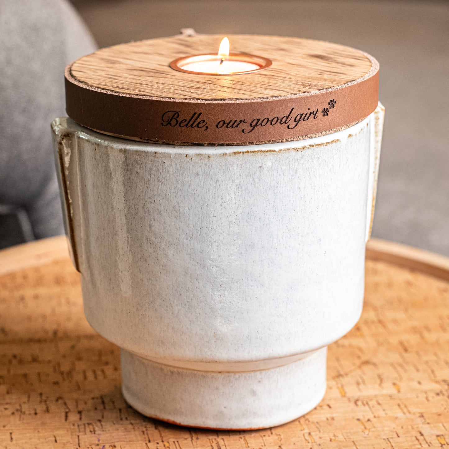 Human or Pet Urn For Ashes, Modern Candle Urn, Small Size, Personalise, Ceramic, Handmade in the UK, Cognac Brown Leather