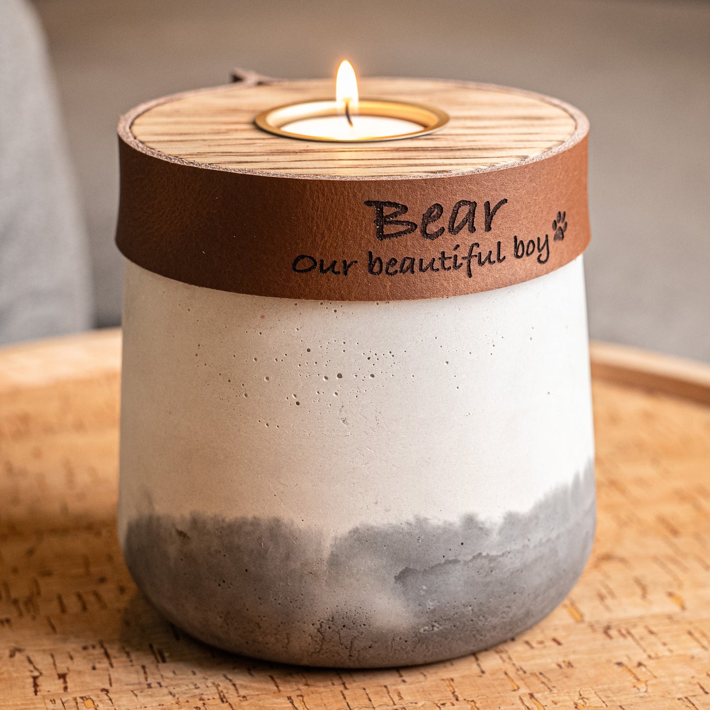 Human or Pet Urn For Ashes, Modern Candle Urn, Small Size, Personalise, Handmade in the UK, White And Grey Two Tone with Cognac Brown Leather