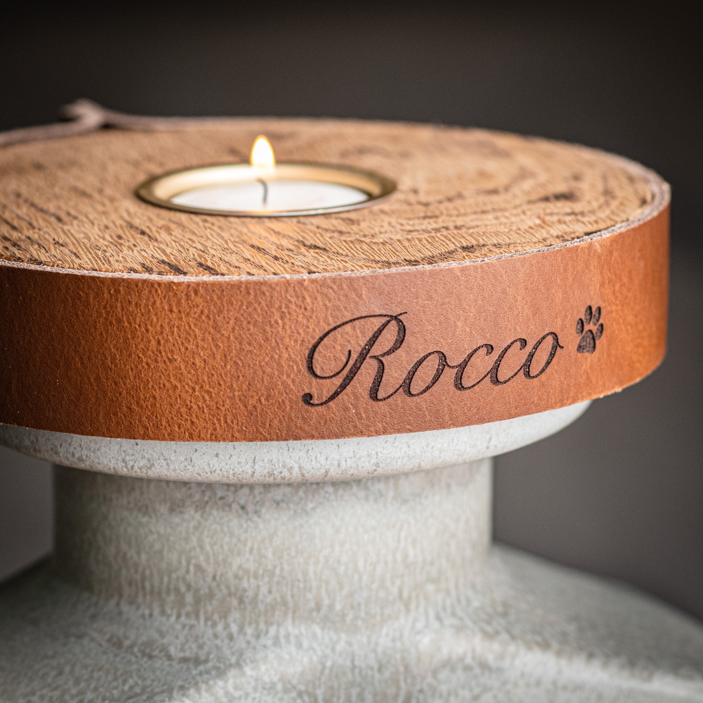 Human or Pet Urn For Ashes, Modern Candle Urn, Large Size, Personalise, Handmade in the UK, Pebble Grey with Cognac Brown Leather