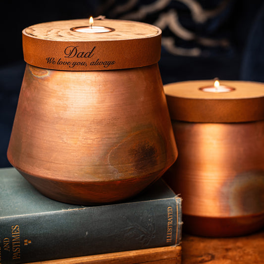 Human or Pet Urn For Ashes, Burnt Copper, Modern Candle Urn, Large Size, Personalise, Cognac Brown Leather