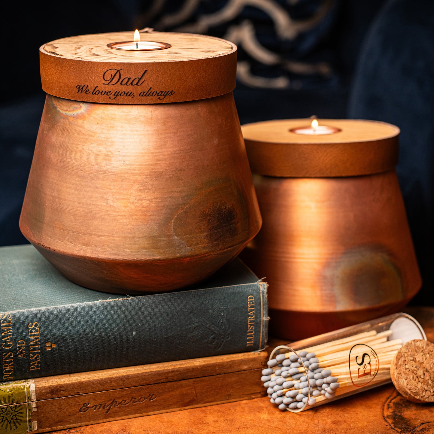 Human or Pet Urn For Ashes, Burnt Copper, Modern Candle Urn, Large Size, Personalise, Cognac Brown Leather