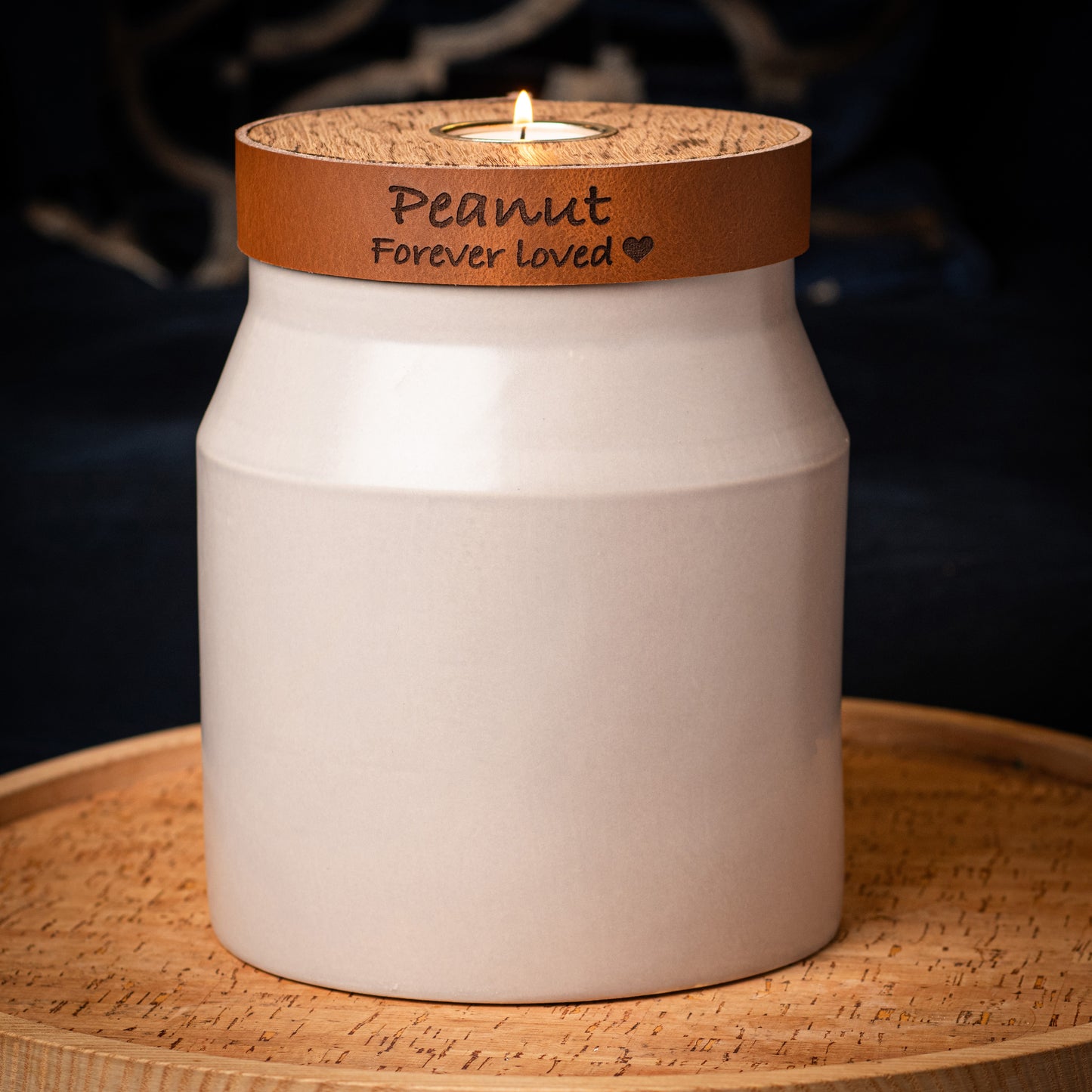 Human or Pet Urn for Cremation Ashes, Large Size, Ceramic, Handmade, Modern Candle Urn, Personalise, Mist Grey with Cognac Brown Leather