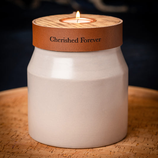 Human or Pet Urn for Cremation Ashes, Medium Size, Ceramic, Handmade, Modern Candle Urn, Personalise, Mist Grey with Cognac Brown Leather