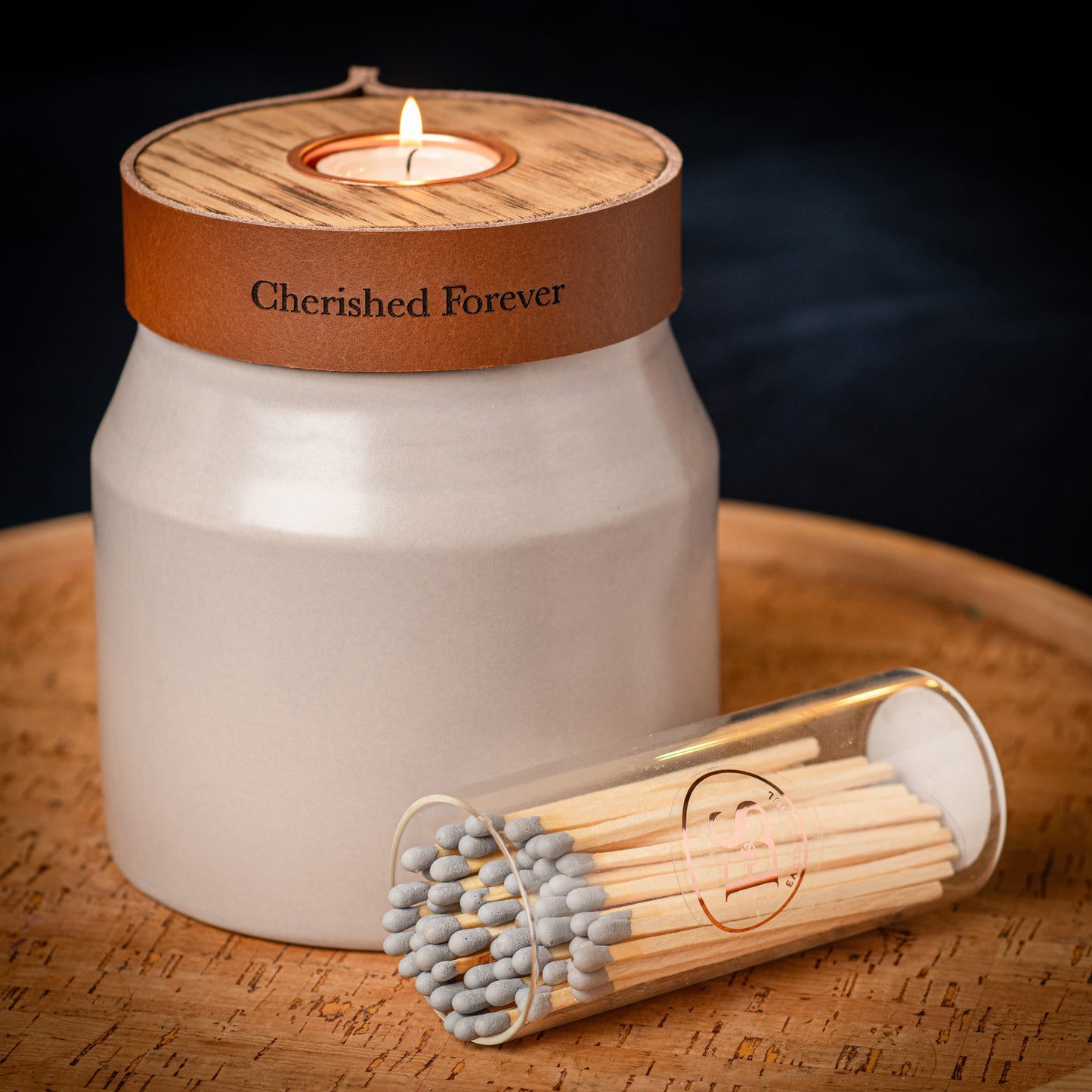 Human or Pet Urn for Cremation Ashes, Medium Size, Ceramic, Handmade, Modern Candle Urn, Personalise, Mist Grey with Cognac Brown Leather
