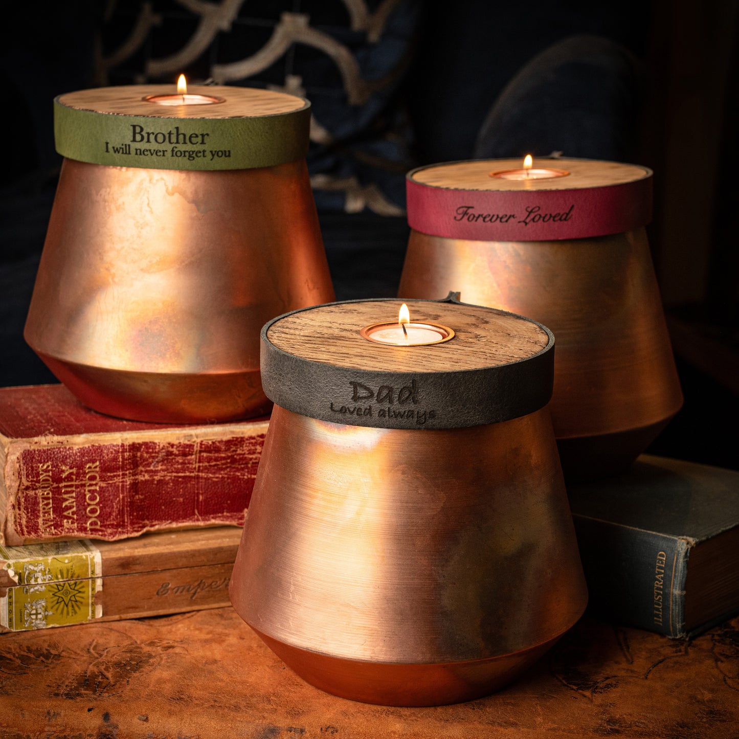 Human or Pet Urn For Ashes, Burnt Copper, Modern Candle Urn, Large Size, Personalise, Burgundy Leather