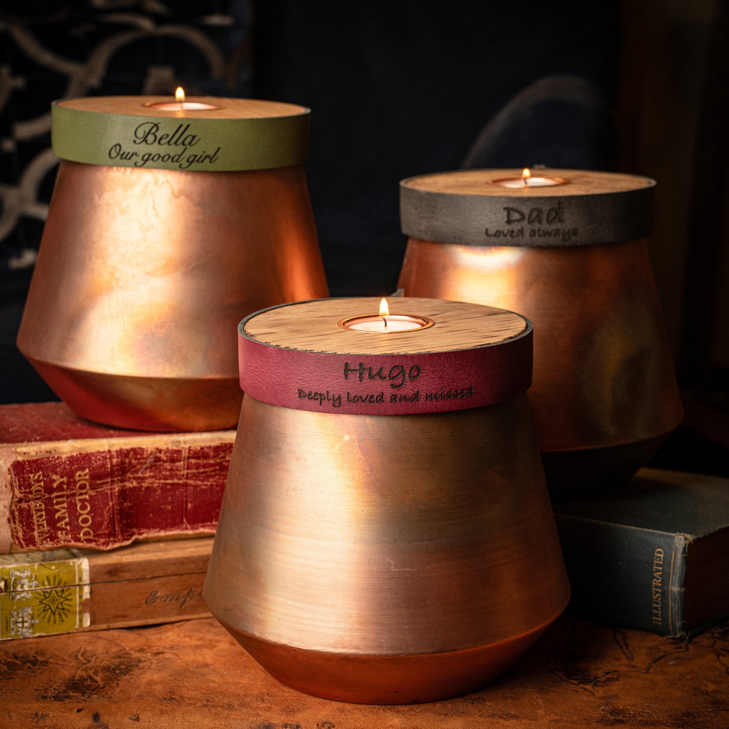 Human or Pet Urn For Ashes, Burnt Copper, Modern Candle Urn, Large Size, Personalise, Burgundy Leather