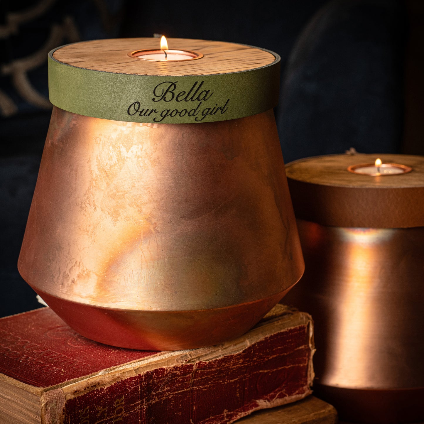 Human or Pet Urn For Ashes, Burnt Copper, Modern Candle Urn, Large Size, Personalise, British Racing Green Leather